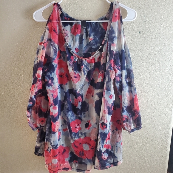 INC cold shoulder chiffon floral boho hippie blouse top - Picture 1 of 4